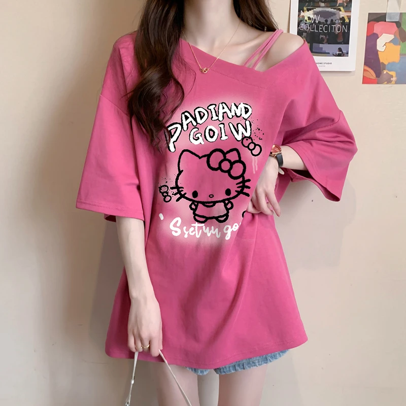 夏季2024爆款宽松中长款短袖T恤女韩版小众设计感斜肩半袖上衣ins