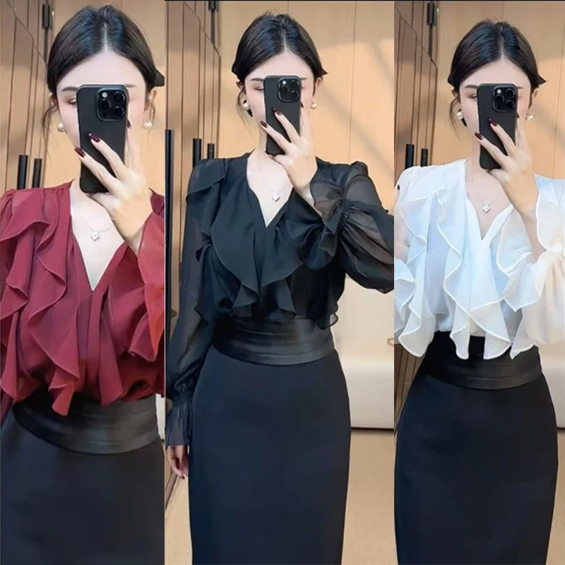 气质设计感衬衫女性荷叶边法式V领时尚套头衬衣长袖显瘦洋气轻奢