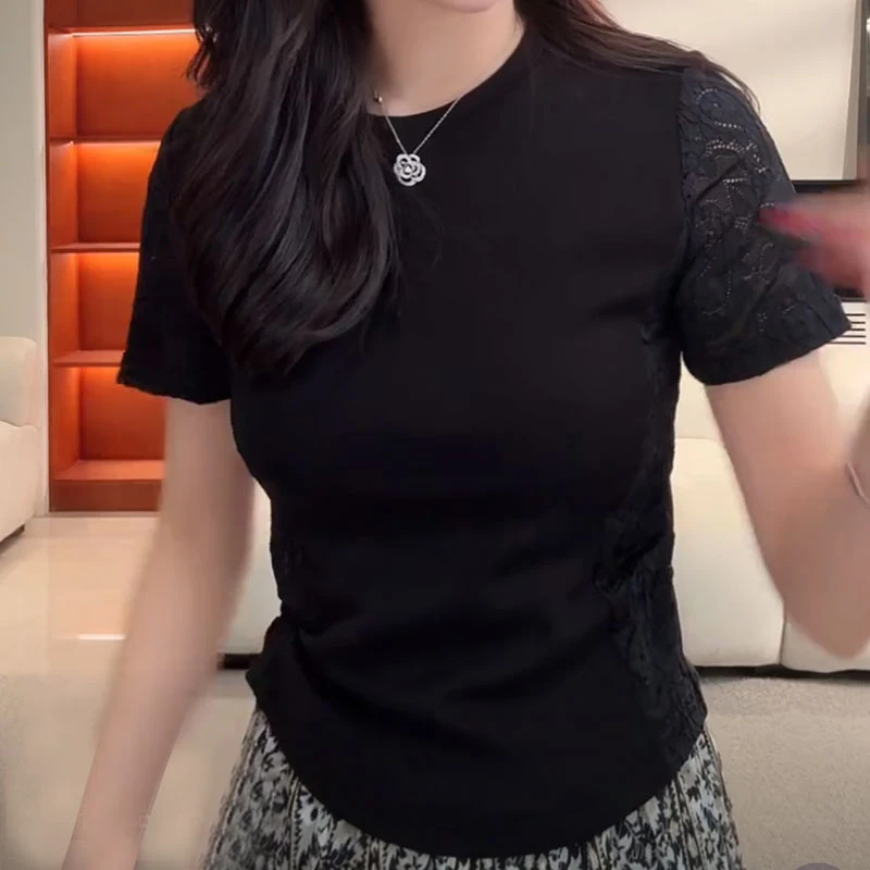 高级感轻奢蕾丝拼接短袖T恤女2025年夏季新款时尚气质显瘦上衣潮