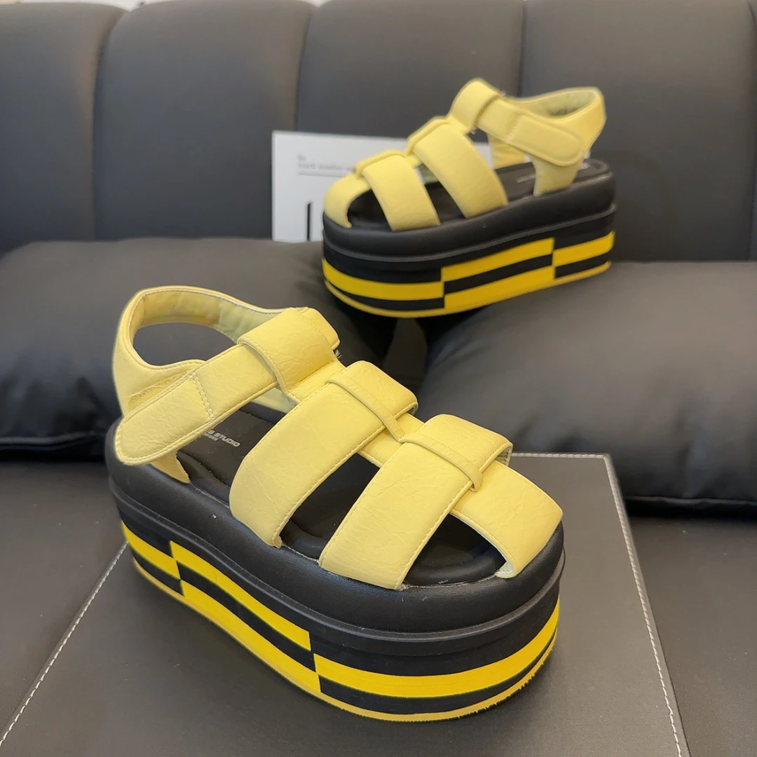 欧货超高跟编织棋盘格厚底猪笼鞋女夏小个子罗马凉鞋增高休闲简约