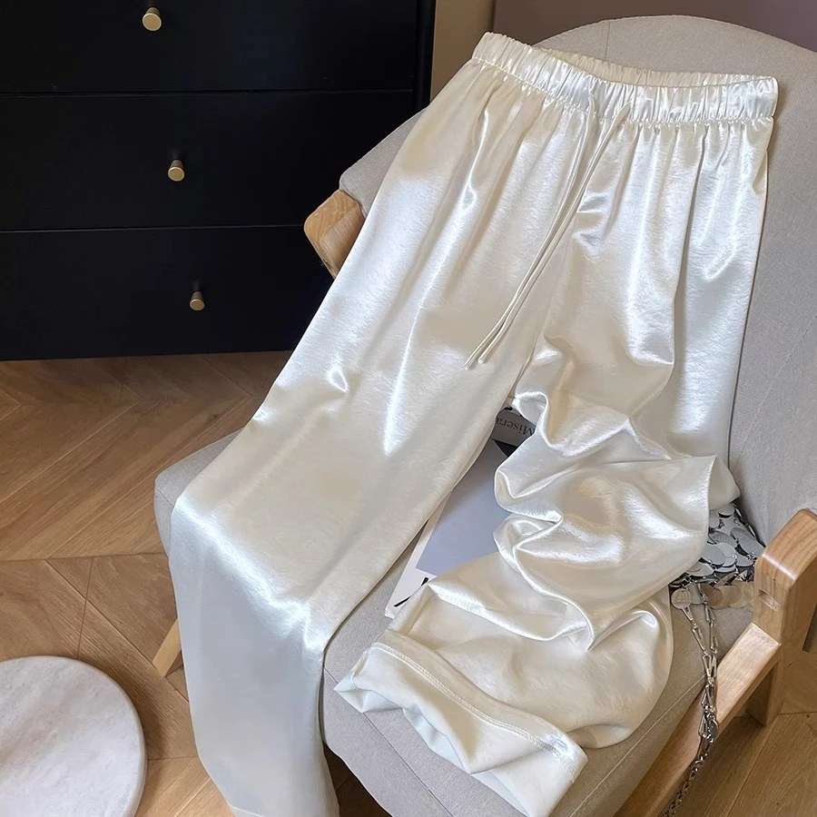 时尚高级感醋酸缎面阔腿裤女夏季新款松紧带高腰肌理感休闲直筒裤