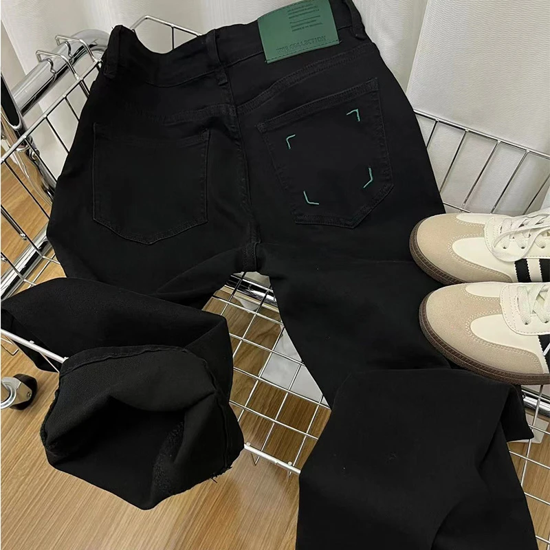 大码黑色四面弹九分牛仔裤女春秋新款小个子显瘦显高直筒烟管裤子