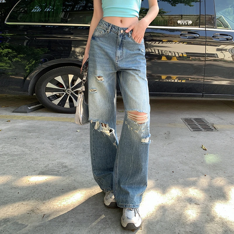 重工美式破洞牛仔裤女夏季新款高腰宽松显瘦阔腿直筒百搭拖地长裤