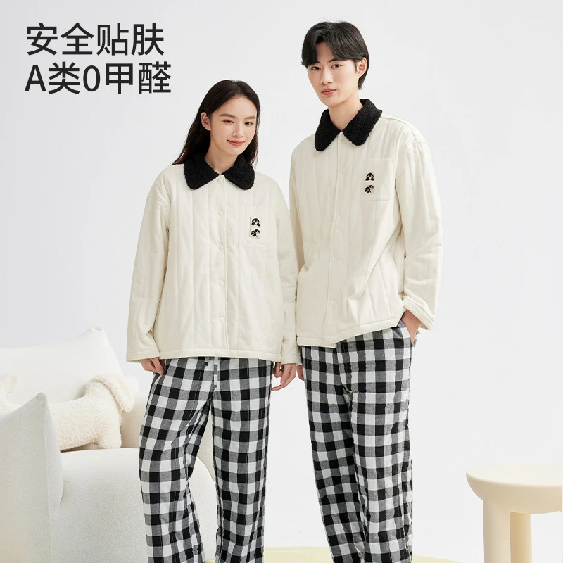 秋冬季保暖三层加厚夹棉刺绣睡衣女冬季格子裤女士睡衣家居服套装
