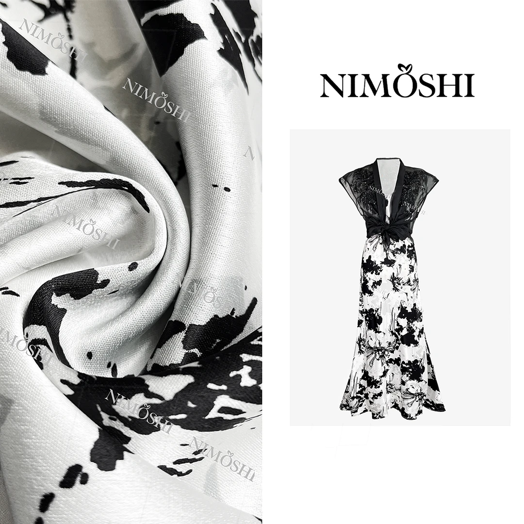 NIMOSHI【莎总】经典高奢休闲网纱蝴蝶袖水墨显瘦连衣裙女Q1747