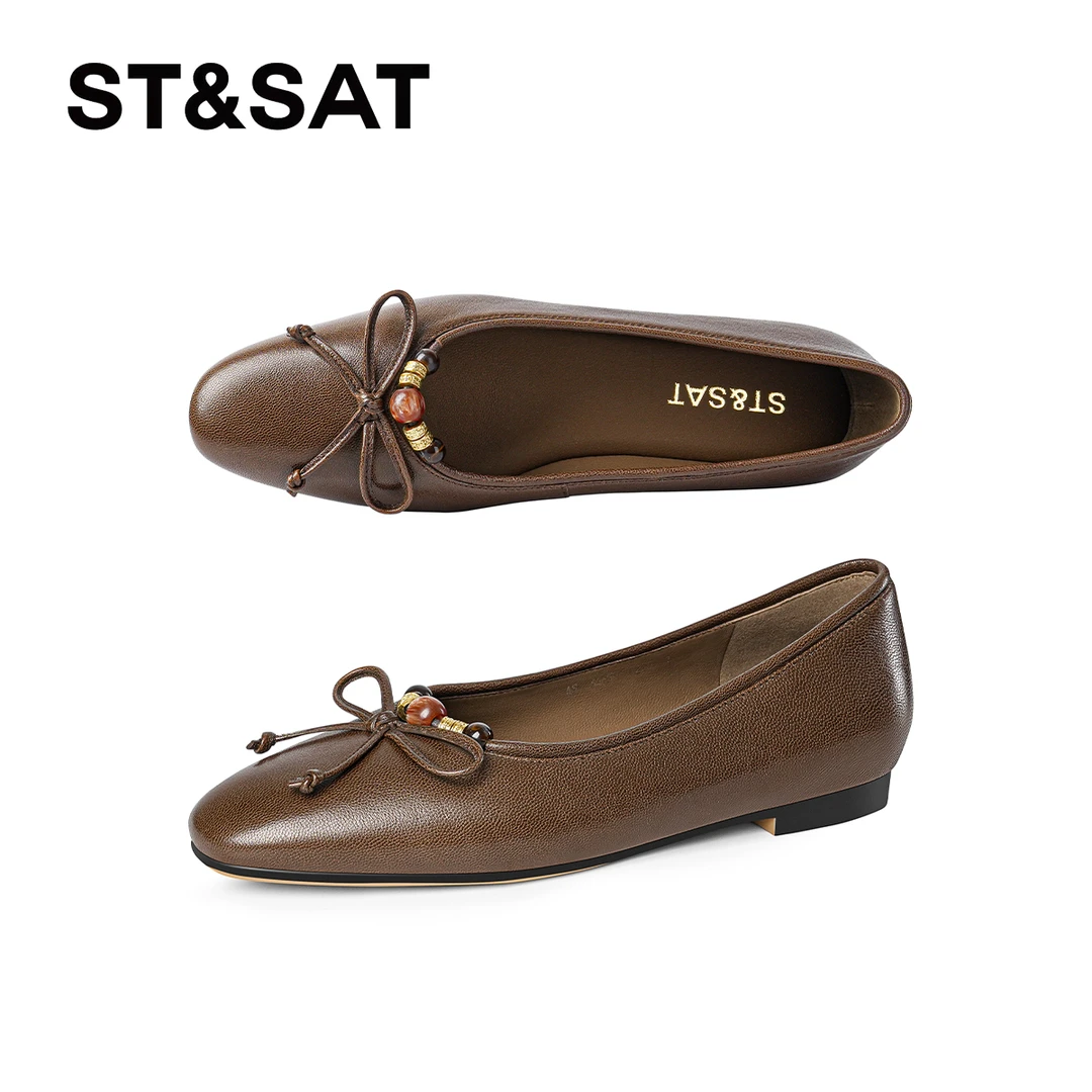 St&Sat/星期六一脚蹬粗跟单鞋圆头百搭浅口蝴蝶结串珠玛丽珍鞋