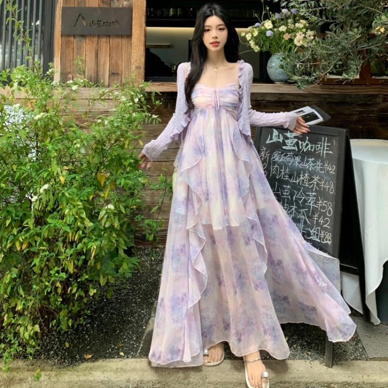 洋气紫色碎花吊带连衣裙2025春夏新款收腰显瘦长款荷叶边仙女裙子