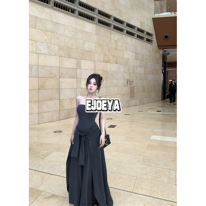 EJOEYA独特好看垂坠感显瘦气质抹胸裙+长袖开衫外套