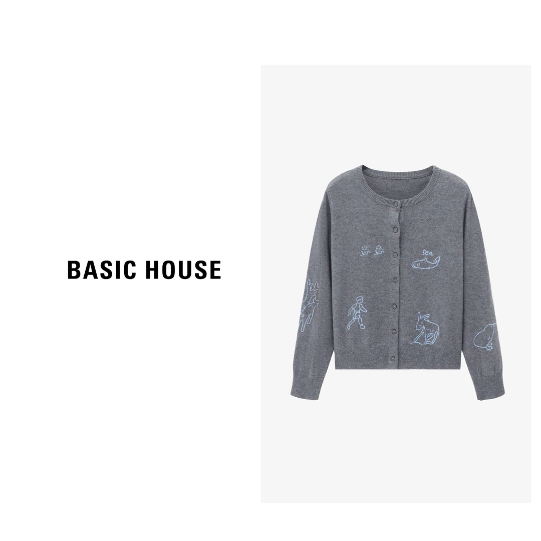 Basic House/百家好休闲百搭圆领开衫长袖提花羊毛衫-B06245C2972