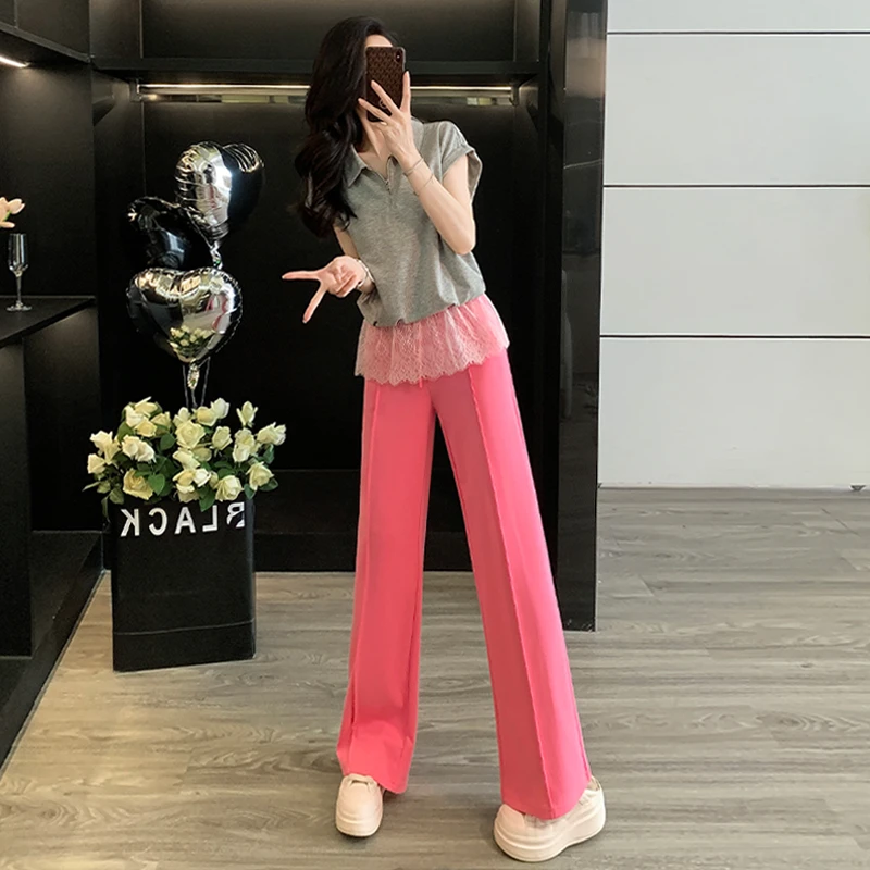 盐系炸街时尚休闲运动套装女夏季新款蕾丝拼接短袖阔腿长裤两件套