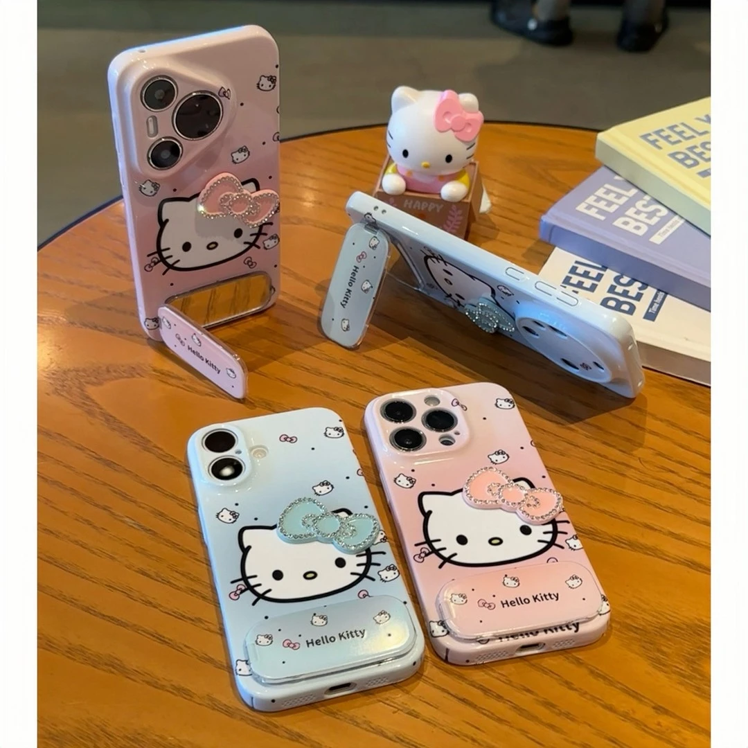 适用镶钻kitty镜面支架苹果16pro菲林手机壳华为P70oppo小米vivo