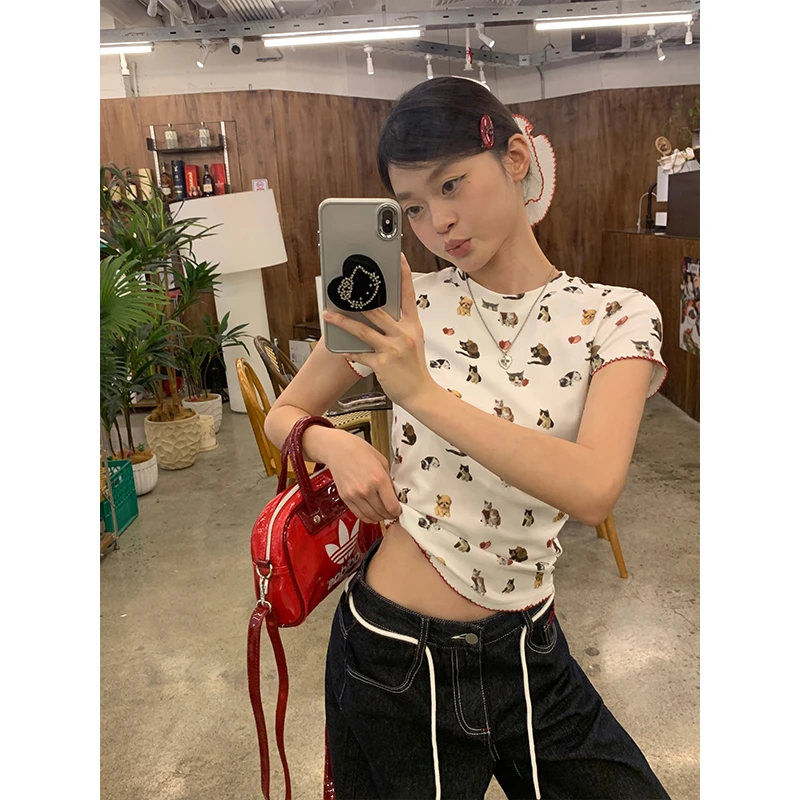 宋正恩白色动物图案印花正肩短袖t恤女修身显瘦独特短款上衣SH100