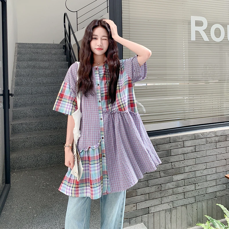 设计感撞色格纹衬衫裙女2025夏季新款韩版小众独特休闲宽松连衣裙