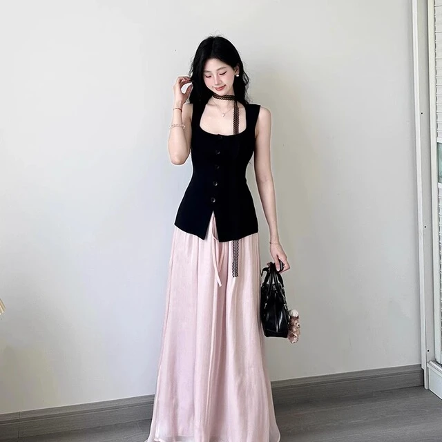 夏日多巴胺穿搭一整套法式气质独特绝美上衣垂感长裙子两件套装女