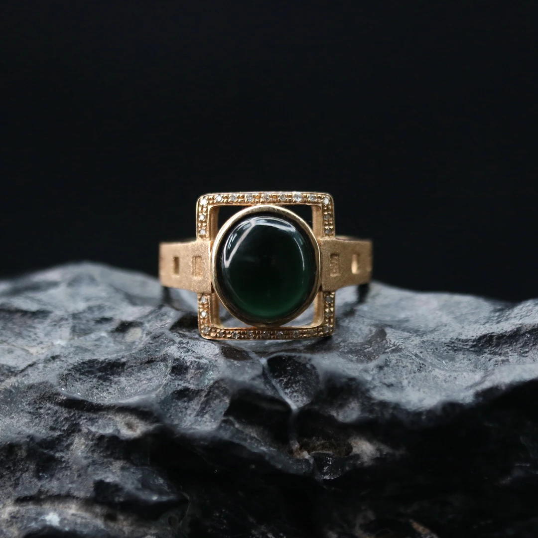FC56天然缅甸翡翠A货18k墨翠蛋面戒指/000175/保利厦门拍卖
