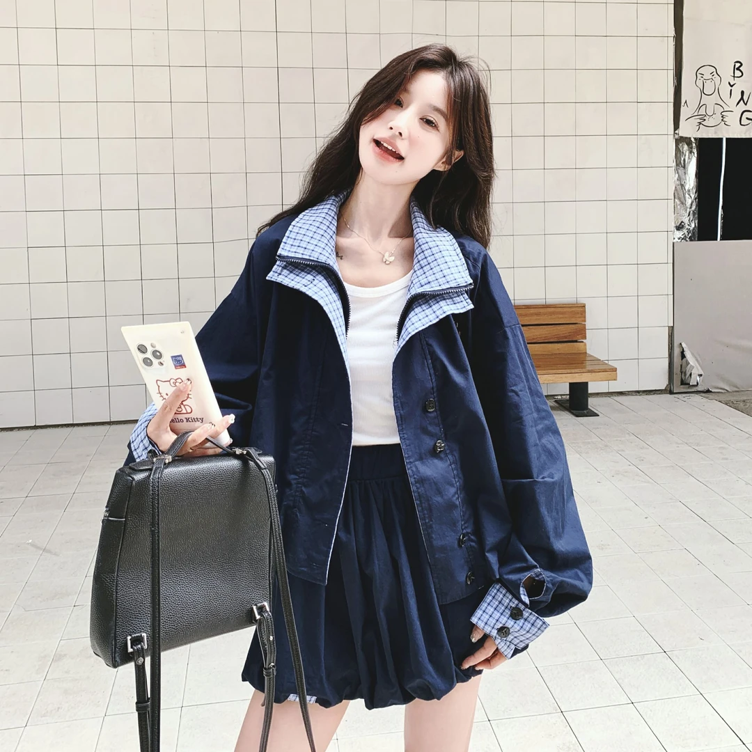 韩系设计感时尚减龄套装女秋季新款百搭两面穿格纹外套短裙两件套