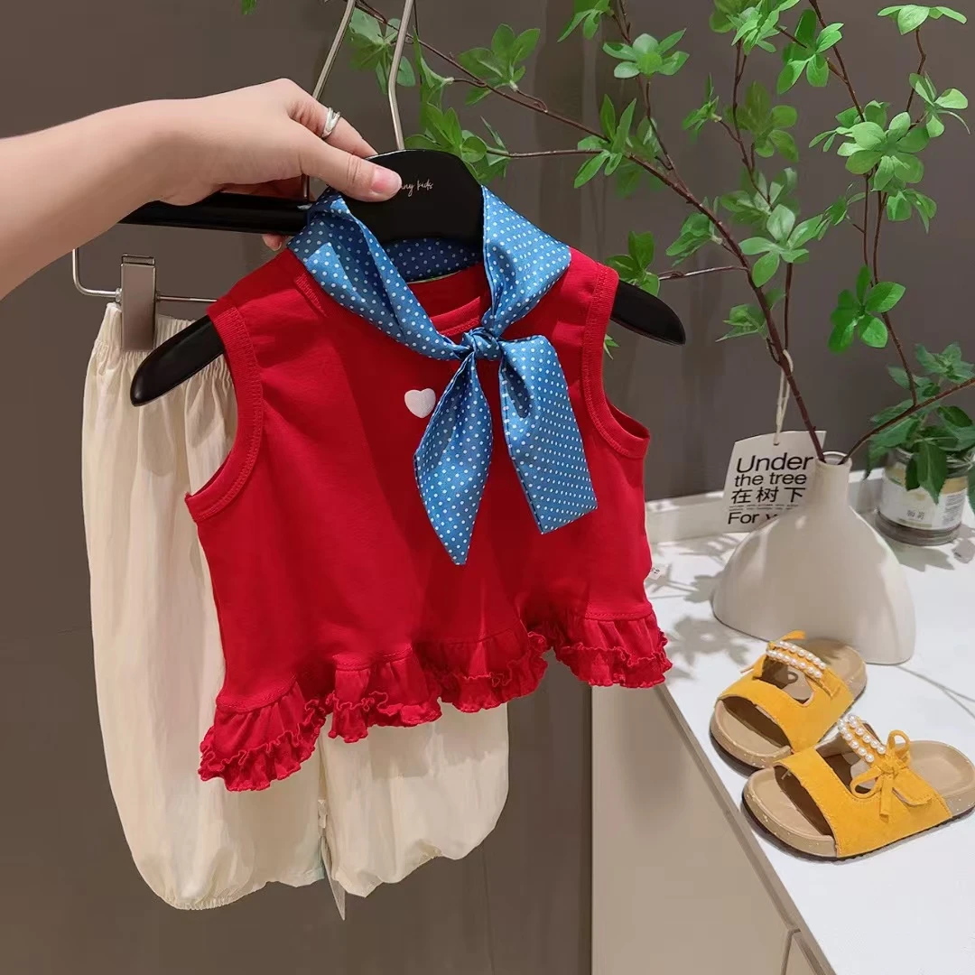 2025夏季新款女童套装儿童女宝宝韩版纯色甜美休闲无袖短裤两件套