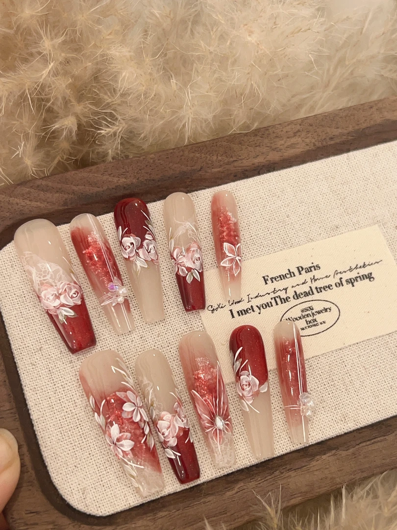 【花开富贵】纯手工穿戴甲玫瑰水彩新年显白气质美甲法式穿戴甲