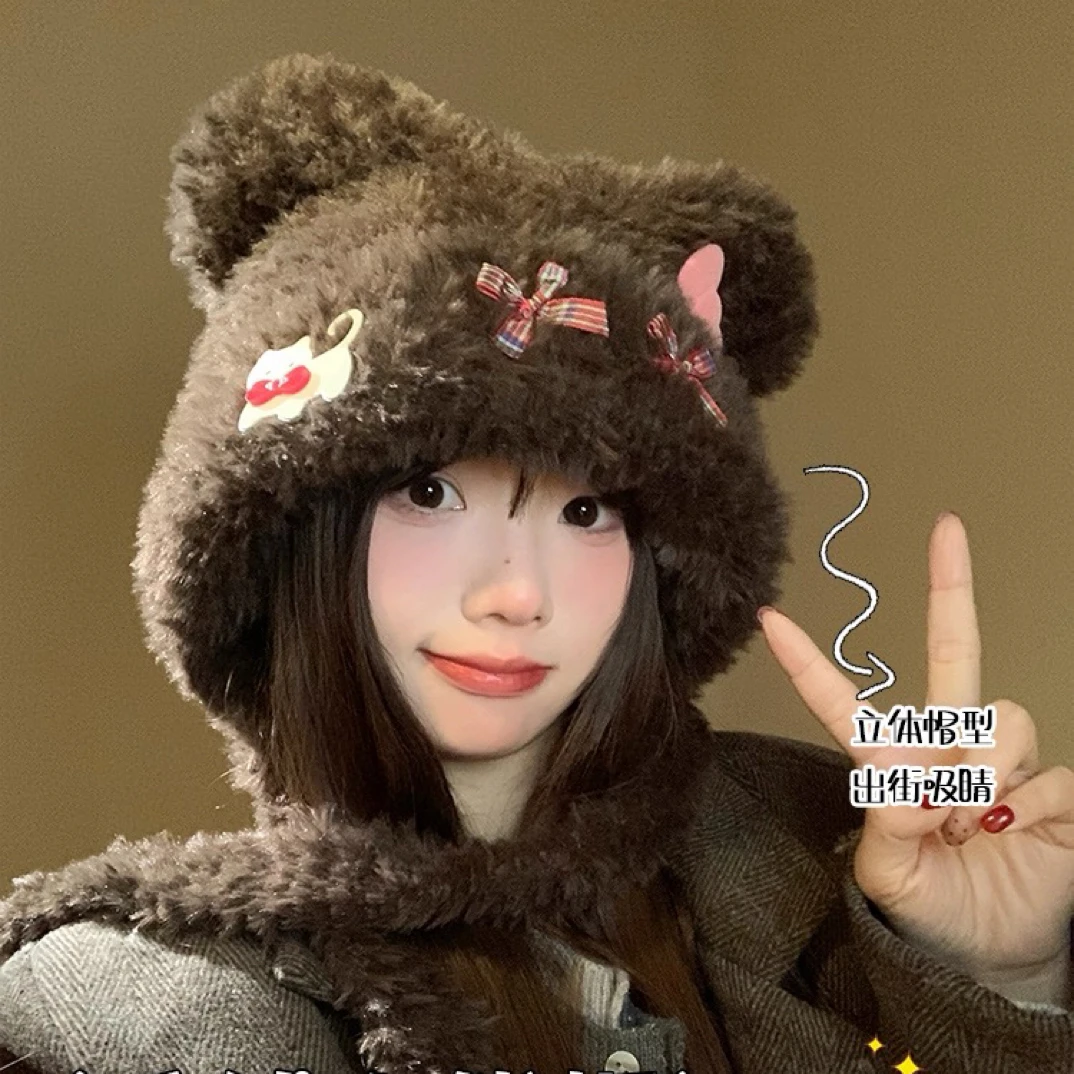 可爱蝴蝶结亚克力猫咪毛绒帽子女秋冬2025新款保暖毛茸茸护耳帽女