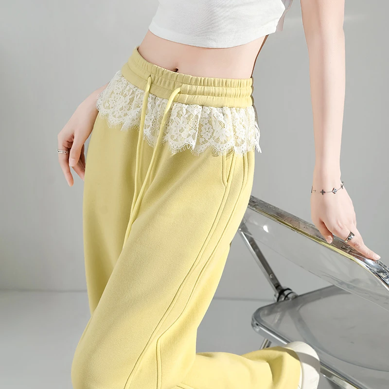 黄色阔腿休闲运动裤女2025年春季高腰宽松显瘦蕾丝设计感直筒卫裤