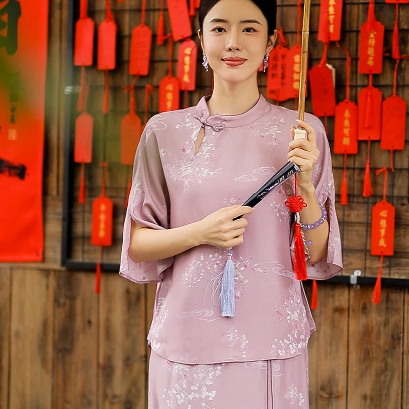 复古日记“桃花流水”双面穿真两件！鎏金提花缎手绘套装252A7606