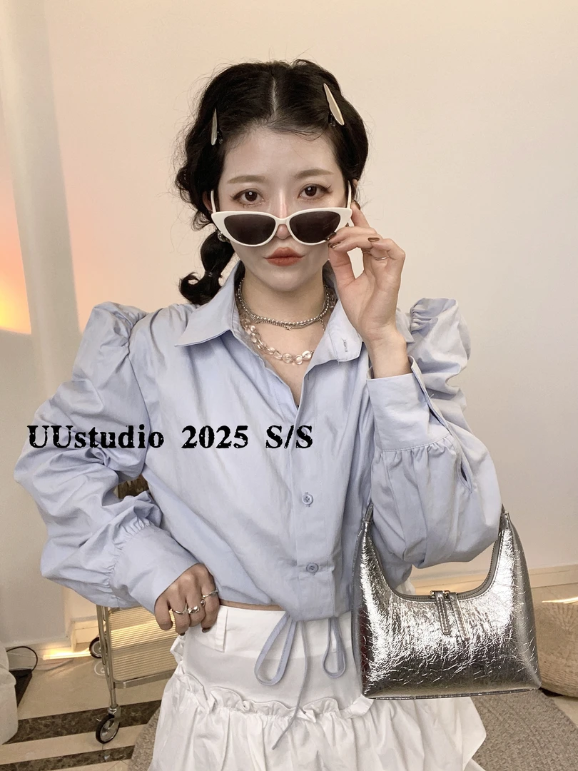 法式褶皱泡泡袖蓝色衬衫白色长裙