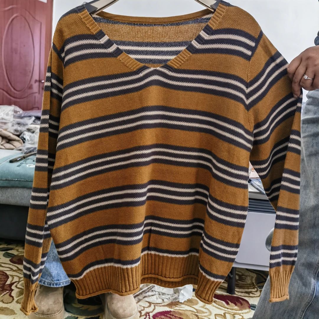 V领长袖针织衫条纹遮肚子显瘦宽松百搭时尚2024秋季新款潮流上衣