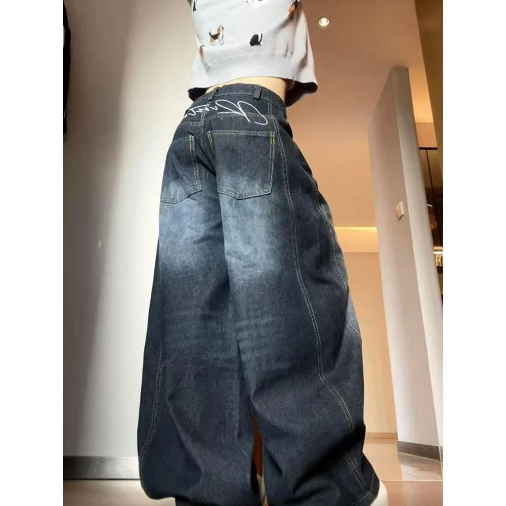 美式涂鸦垂坠感高腰阔腿牛仔裤男女设计感ins潮宽松休闲直筒裤