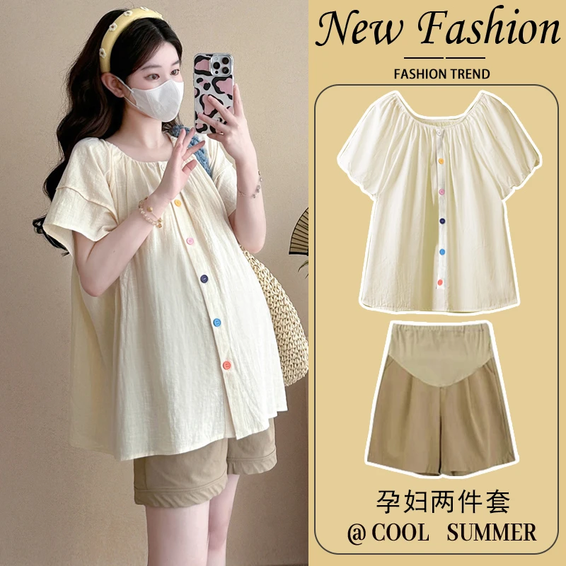 孕妇装夏装套装2025新款夏季短袖t恤上衣棉麻娃娃衫衬衫女两件套