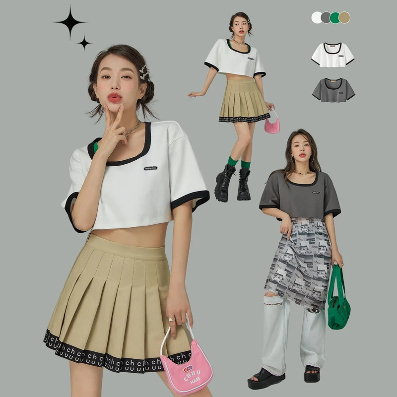 A3330【马琦尧专属】CHUU撞色五分袖短款上衣女宽松设计感小众T恤-Y