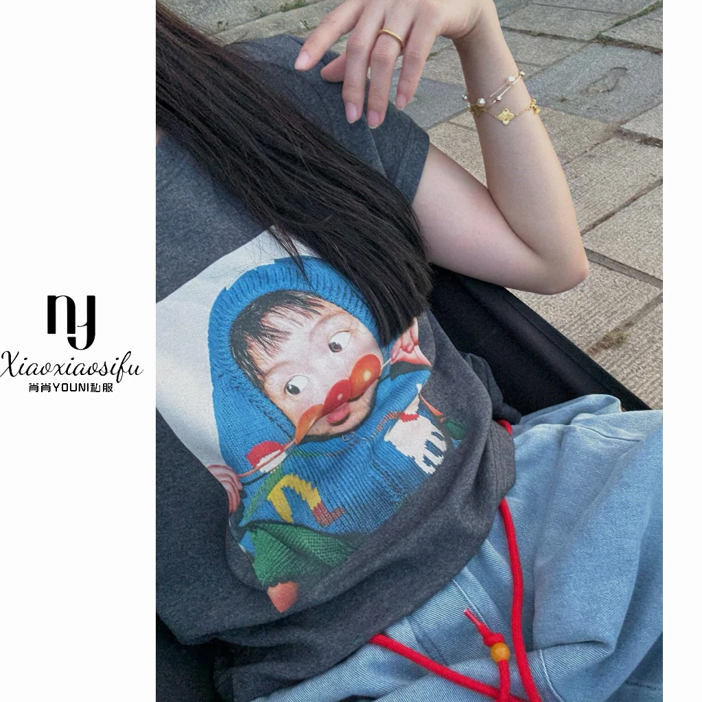 肖肖家-搞怪女孩 ins风卡通动漫短袖耐磨T恤复古美式