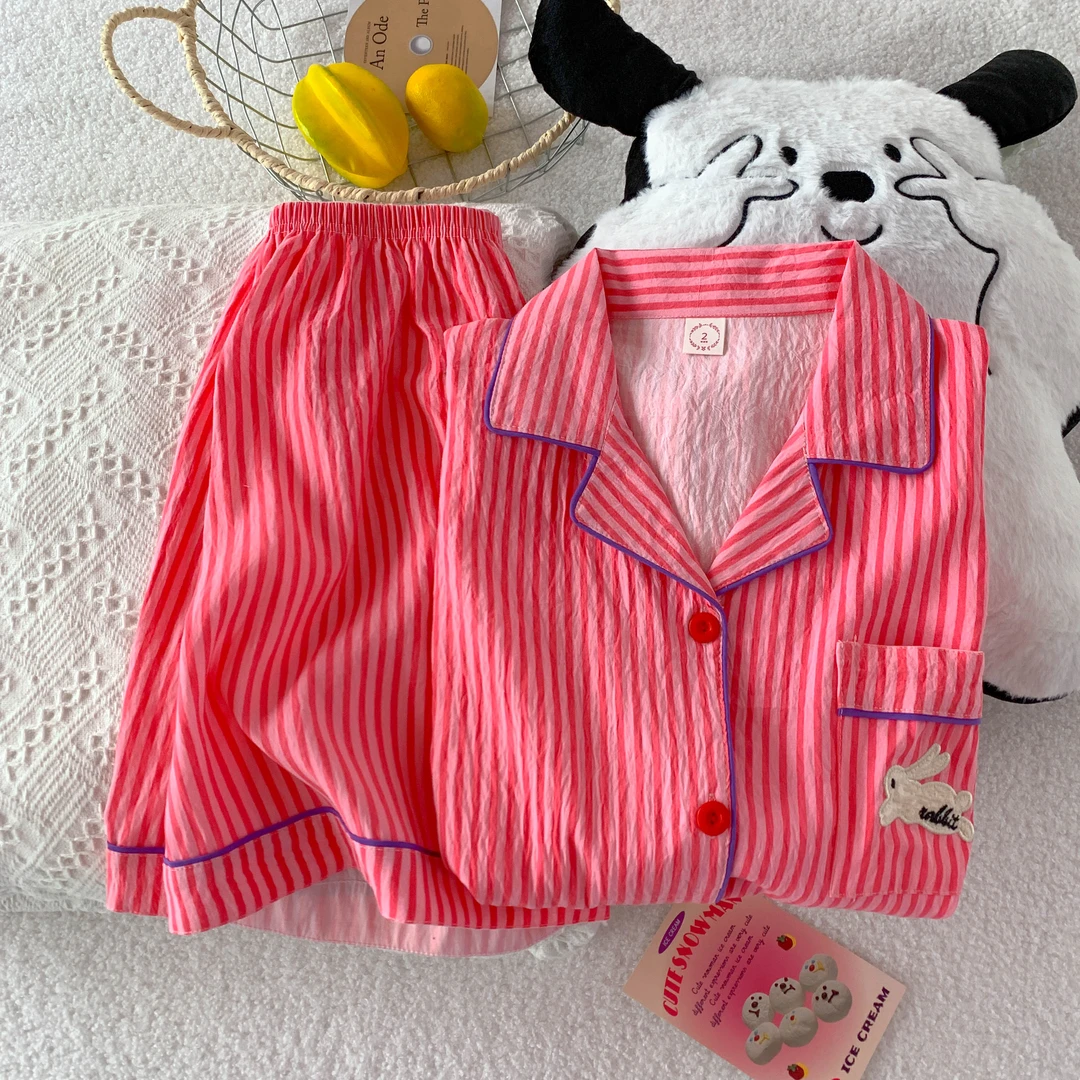 日系条纹睡衣女春夏季云朵棉2025新款卡通可爱短袖短裤家居服套装