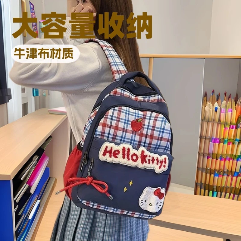 格子初高中生双肩包女大学生可爱卡通kitty猫背包大容量轻便书包