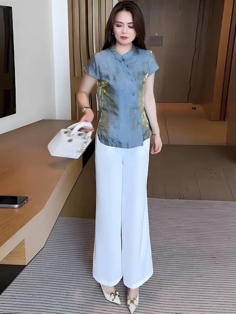 常规短袖单排多扣夏立领衬衫洋气减龄国风时尚休闲2025唐装两件套