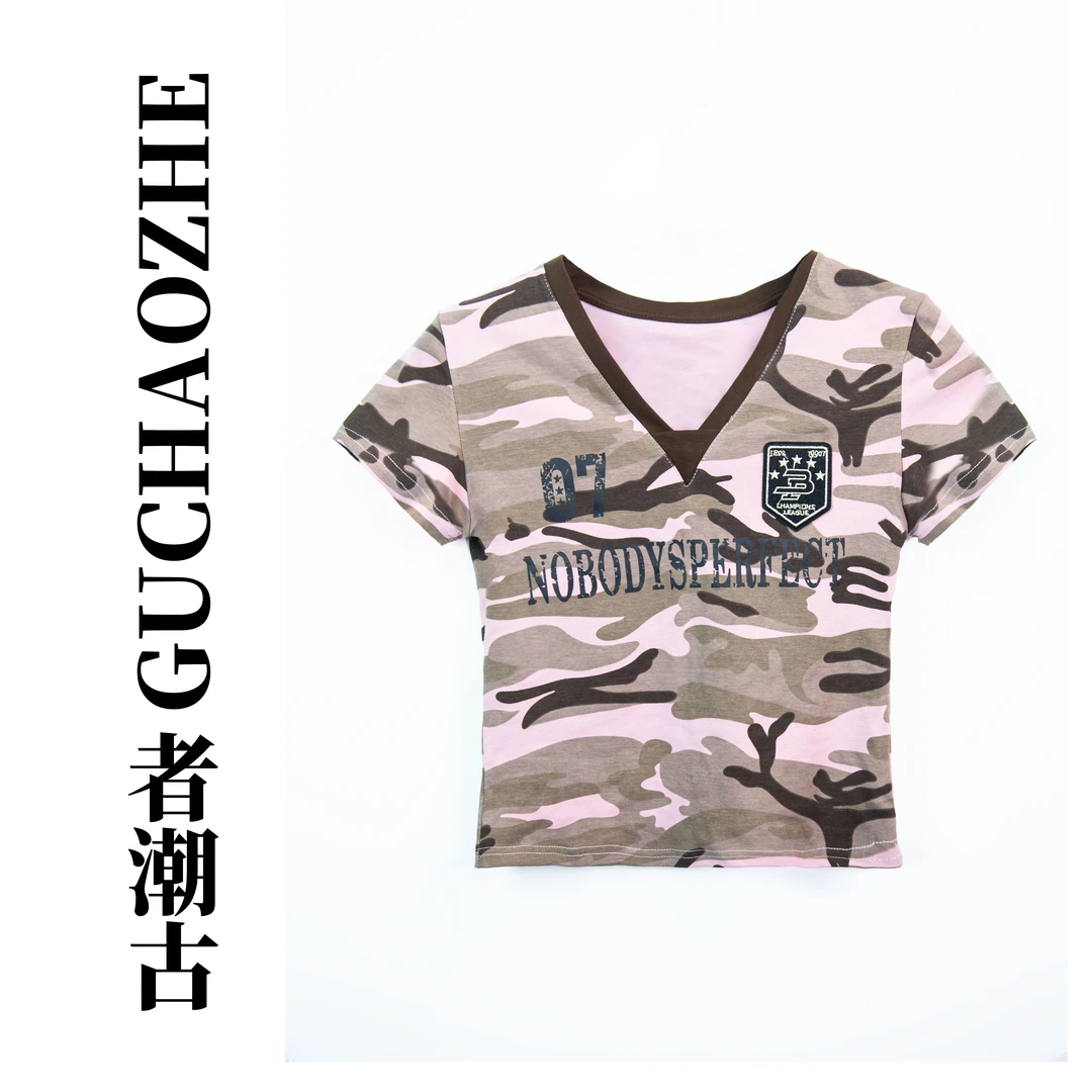 印花V领短袖字母时尚迷彩短袖T恤服装迷彩时尚圆领透气