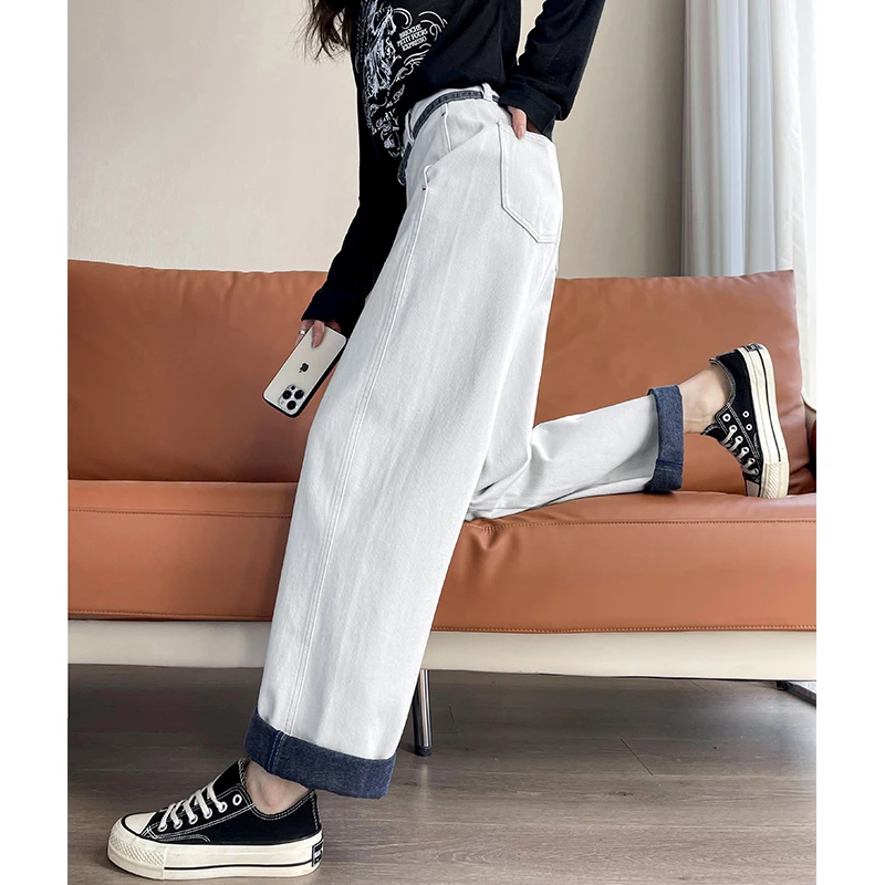 白色阔腿牛仔裤女春夏2025年新款撞色翻边高腰垂感显瘦宽松直筒裤