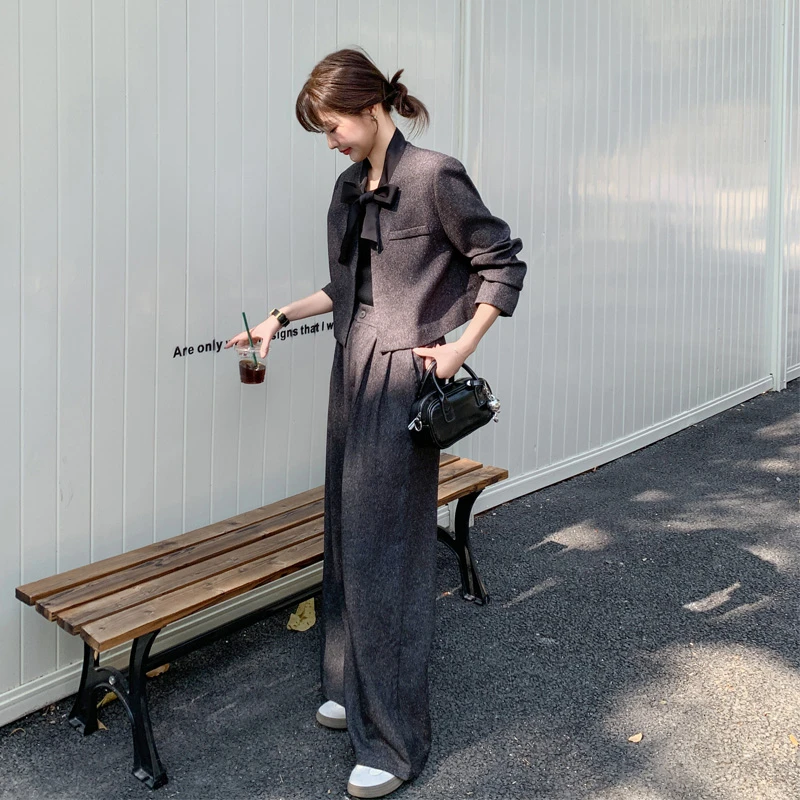 通勤风韩系套装裤女2025春秋新款小众设计感松弛感飘带西装阔腿裤