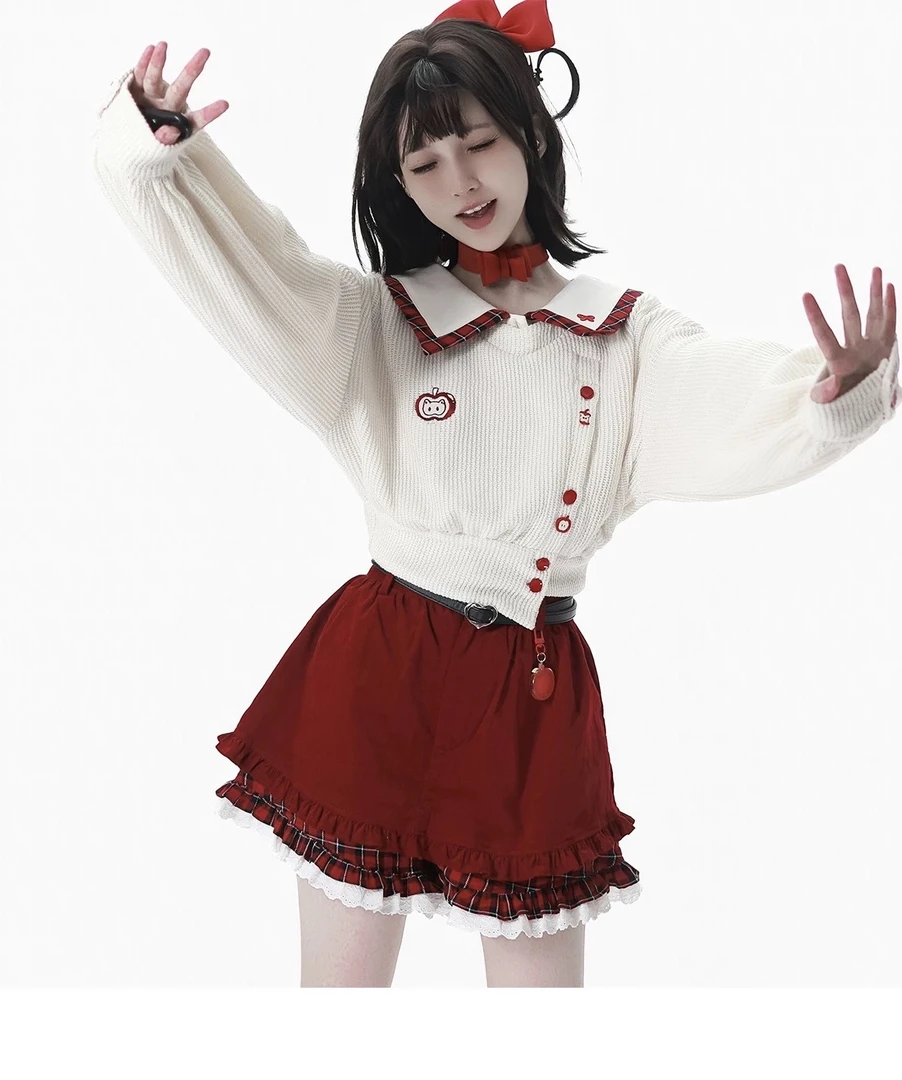 【红果奶芙】苹果针织红白格纹披肩秋冬短外套衬衫设计套装