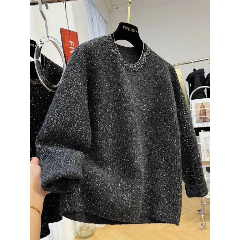 300斤加大码小香风亮闪闪圆领毛衣男女秋冬慵懒风宽松针织衫外套2