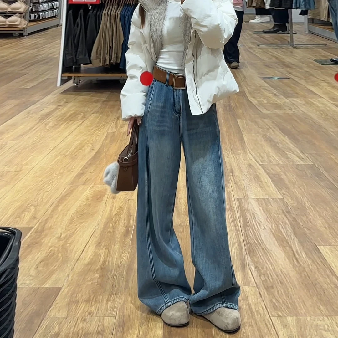 复古蓝加绒窄版弯刀牛仔裤女2025冬季新款高腰宽松垂感阔腿拖地裤