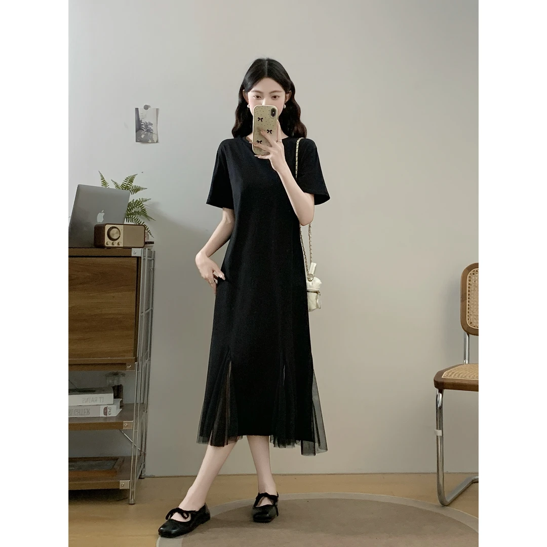 网纱拼接连衣裙女款爆款2025夏季新款法式显瘦中长款宽松T恤裙女