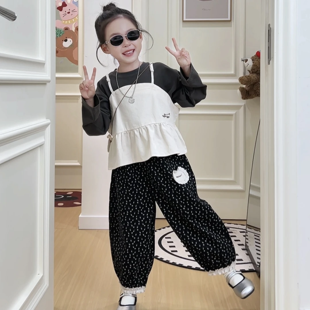 韩版碎花秋季森系童装格子套头时尚薄款纯色套装女