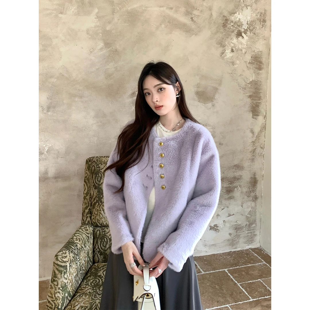 人造皮草 INGCON晚霞 圆领短款环保皮草秋冬季新款保暖宽松外套女