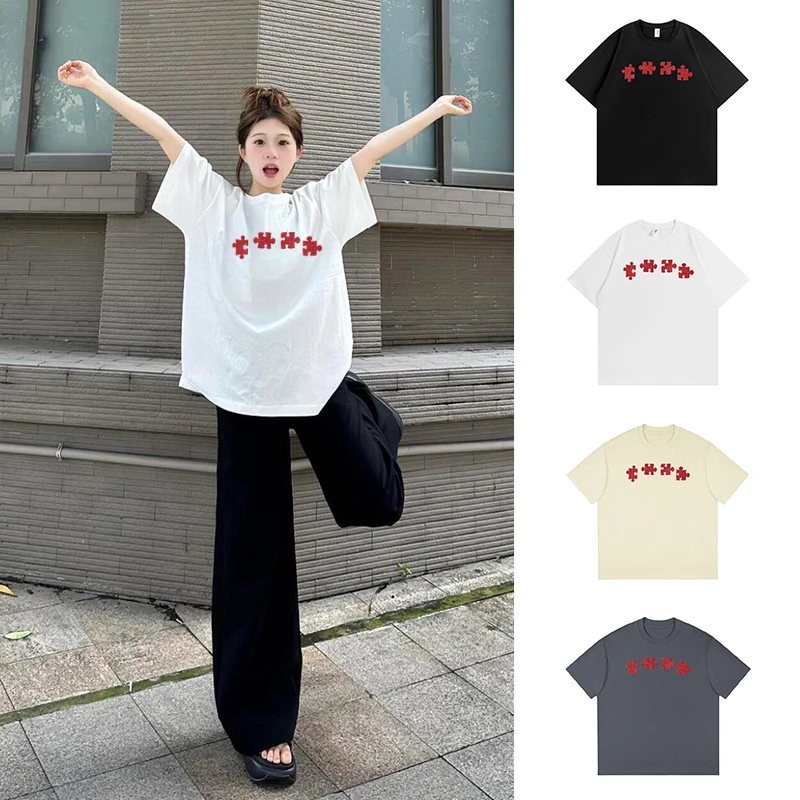【现货-贴布绣花】纯棉设计感拼图短袖T恤女夏学生宽松百搭时尚上衣