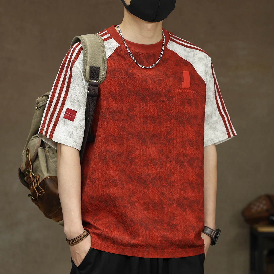 美式高端薄款泡泡纱印花条纹短袖t恤男士新款宽松休闲插肩袖体恤T