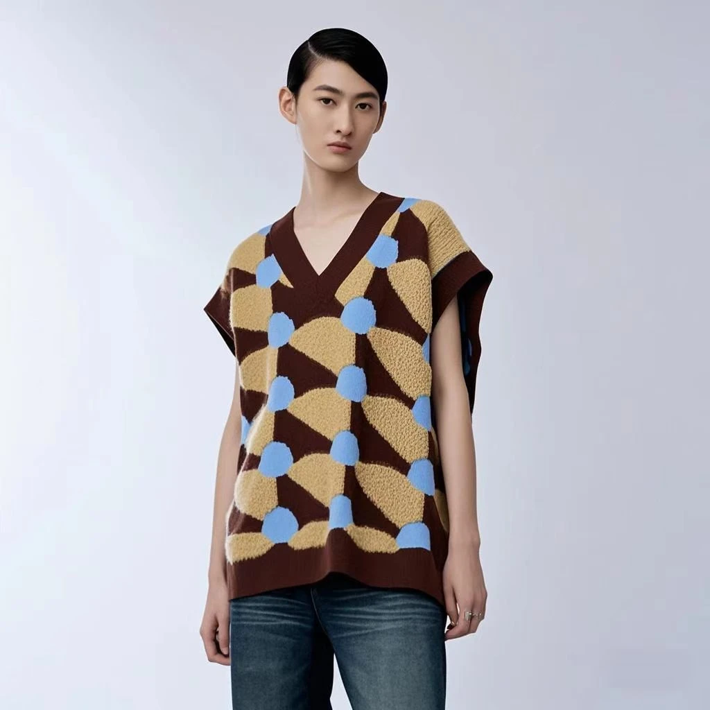 252027 江南  撞色V领休闲印花通勤针织衫背心女2025春
