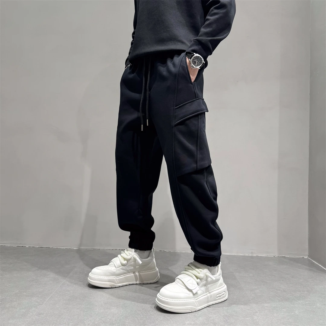 原创立体裁剪加绒加厚卫裤男士秋冬时尚运动束脚宽松百搭工装裤