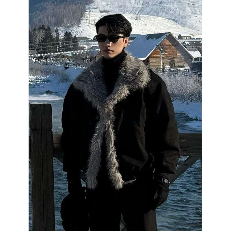 冬季座山雕皮毛一体棉服男女加厚保暖美式翻领棉衣外套