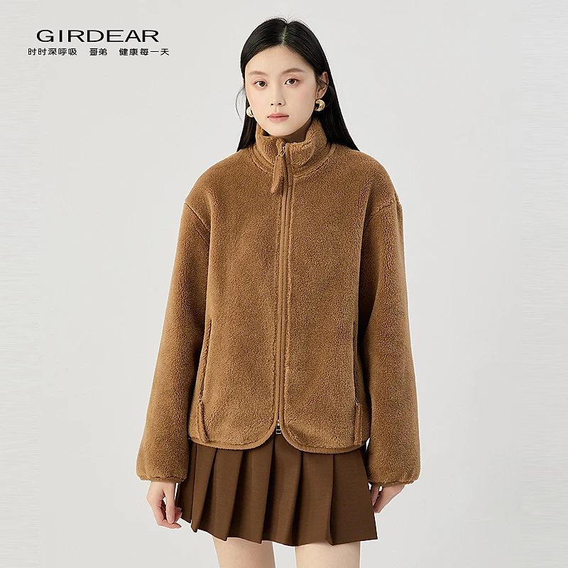 哥弟 新款宽松简约潮酷落肩立领羊羔毛绒感保暖拉链外套女140043