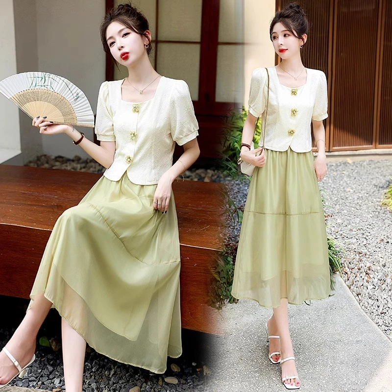 小香风洋气连衣裙套装女夏方领短袖衬衫气质半身裙时尚休闲两件套